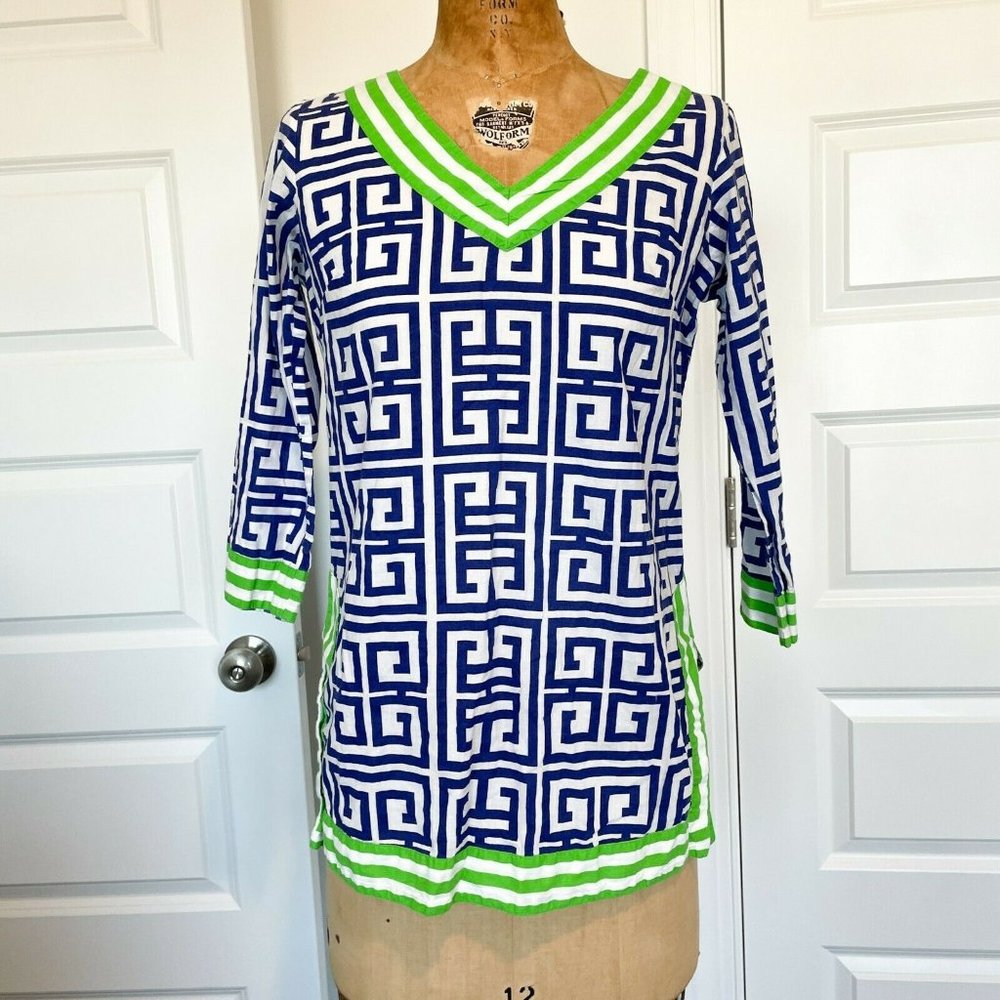 Gretchen Scott Geometric V-Neck Tunic Blouse Top Womens XS Extra Small Blue